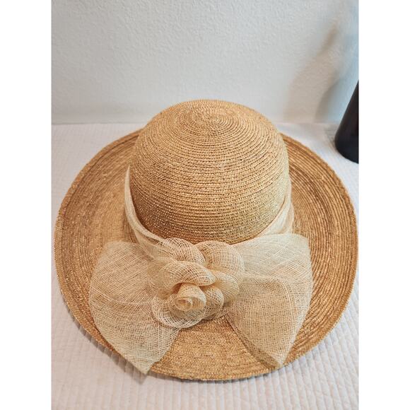 VTG Neiman Marcus Made in Italy 100% Straw Wide Brim Hat Elegant Summer Derby - Picture 4 of 7